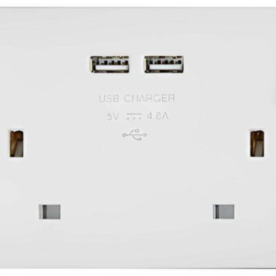 Slimline White 2G 13A DP Switched Socket + 2 USB Outlets, 4.8 Total Output