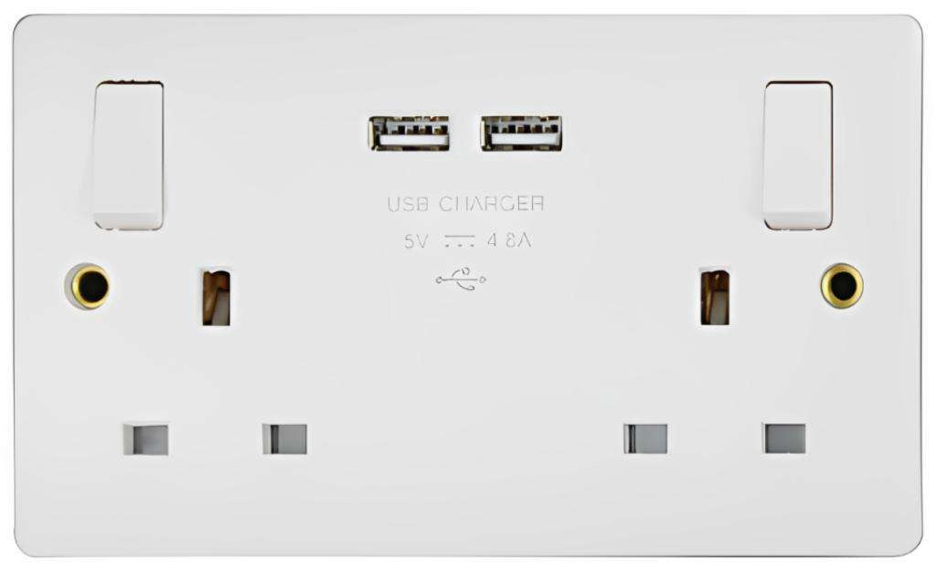 Slimline White 2G 13A DP Switched Socket + 2 USB Outlets, 4.8 Total Output